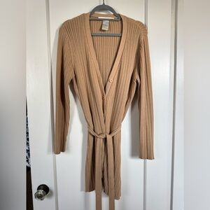 Tan Ribbed Cardigan with Waist Tie